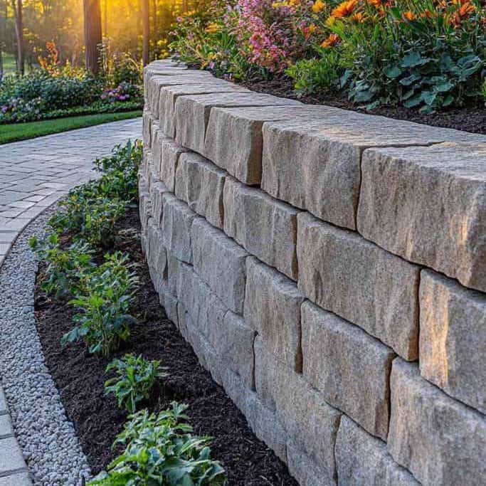 Stacked stone retaining wall holding a raised planting bed