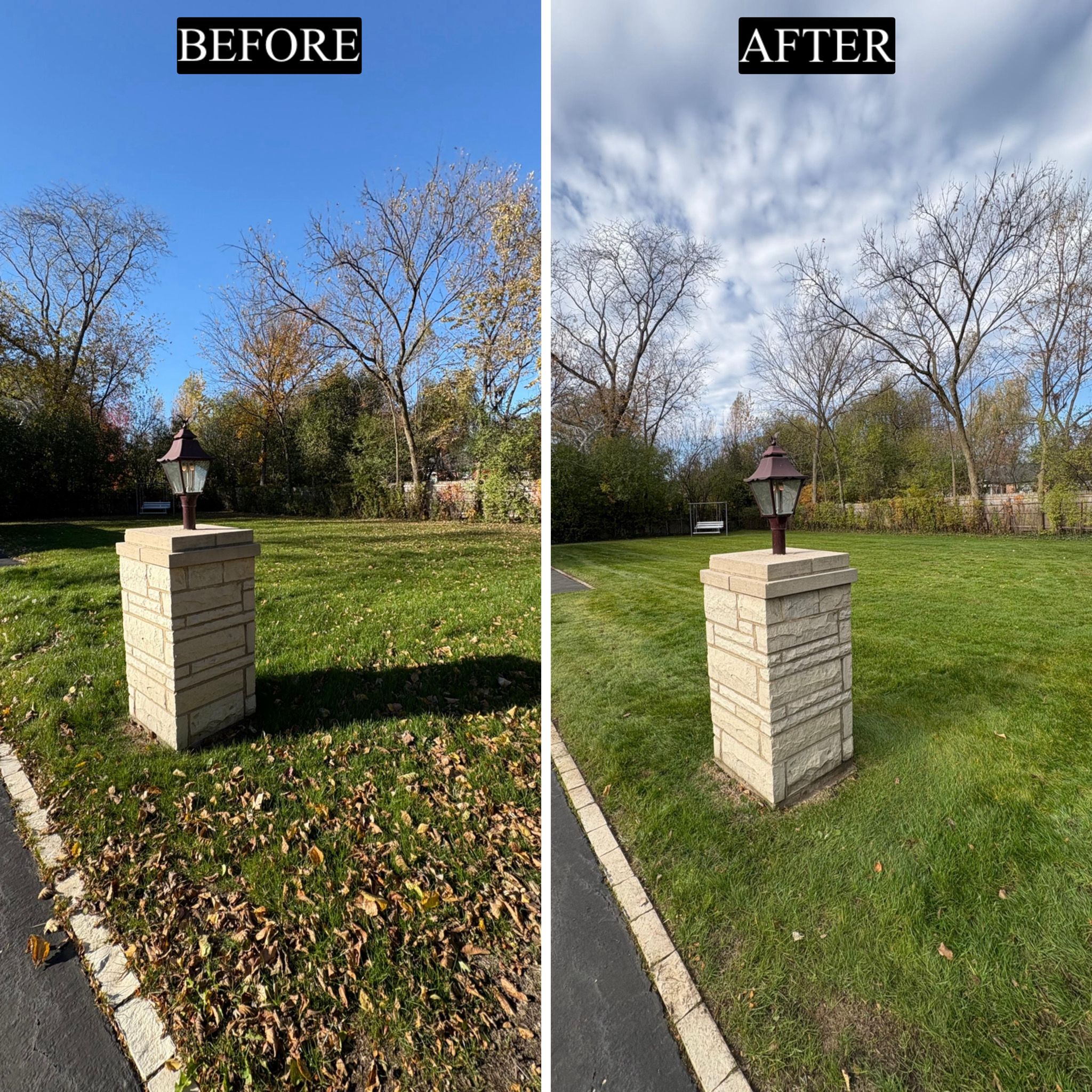 Before and after fall cleanup, front lawn with stone lamp post, Winnetka IL — MarioScape